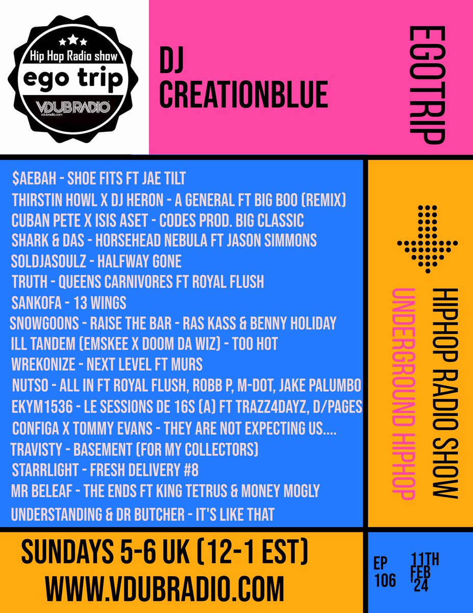 maceyjust's tweet image. Back again with another live show, bringing you the best Hiphop releases from around the world! Tune in live at 5pm 🇬🇧 (check your time zone) on the @vdubradio app or your smart speaker 🔈 #egotrip #hiphop 🙏🫡