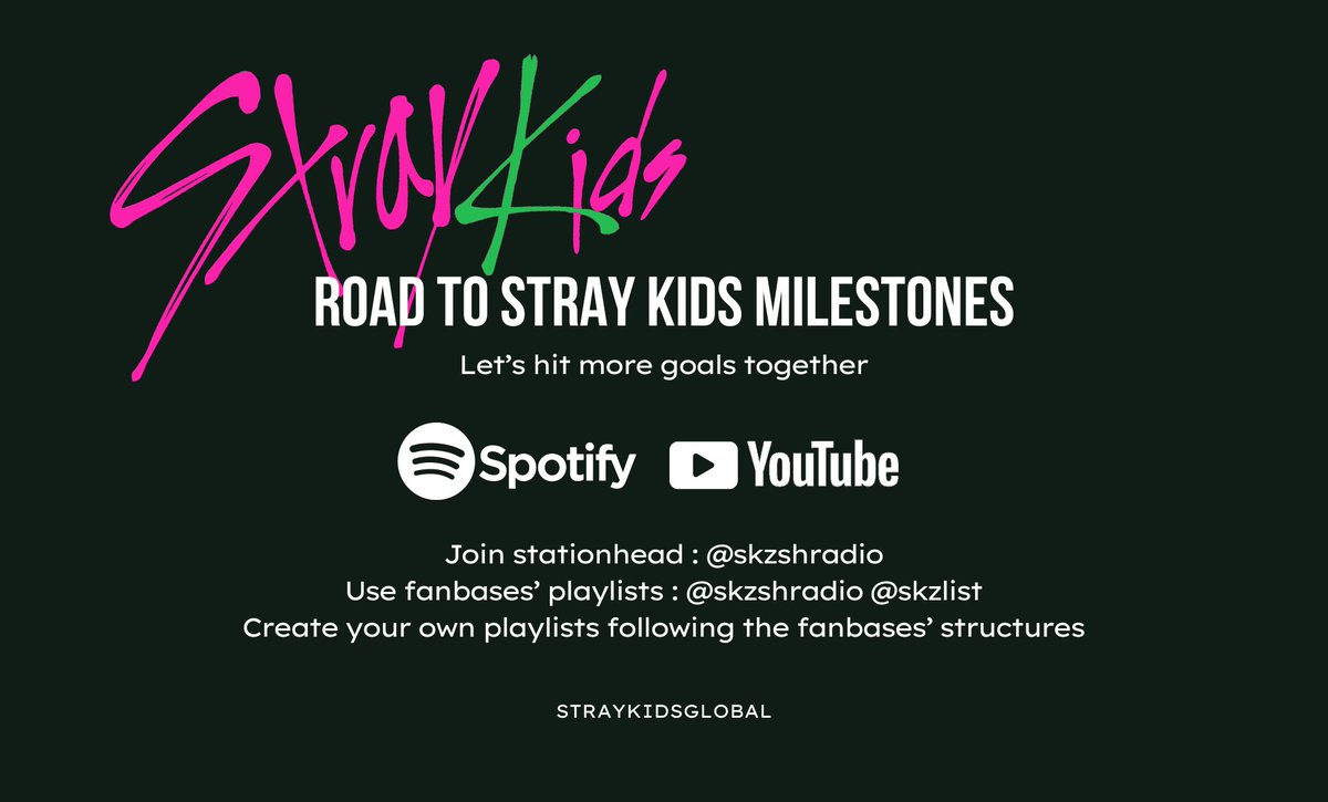 StrayKidsGlobal's tweet photo. 🏁 Road to SKZ Milestones 

🎥 Youtube Milestones
#VENOM - 97,2M 🔜 100M

 🎶 Spotify Album Milestones
#I_AM_NOT - 99,9M 🔜 100M
#NOEASY - 915M 🔜 1 Billion
#5_STAR - 551M 🔜 600M
#ROCK_STAR - 247M 🔜 300M

🎵 Spotify Song Milestones
#LALALALA - 91,7M 🔜 100M
#S_Class - 173M 🔜 200M
#Domino - 94,4M 🔜 100M
#ChristmasEveL - 92,5M 🔜 100M

❇️ Spotify Total Milestone 
6,7B 🔜 7 Billion