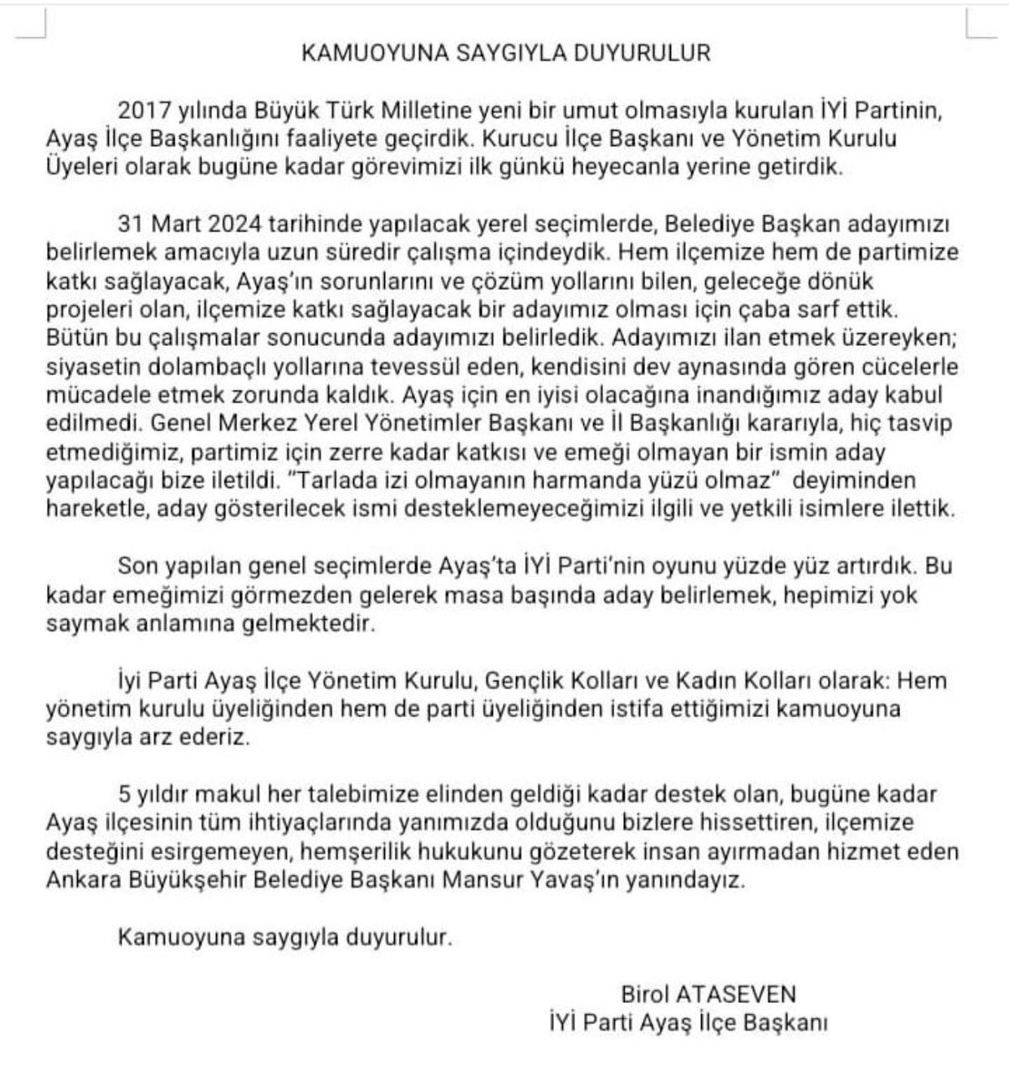 zgrrcann's tweet photo. 2017 tarihinden bu güne kadar gerek ilçe yönetiminde gerek ilçe gençlik kolları başkanlığında görev aldığım iyi parti den 11.02.2024 tarihinde istifa etmiş bulunmaktayım kamuoyuna saygıyla duyuruyorum. https://t.co/h0UvjqQ8W9