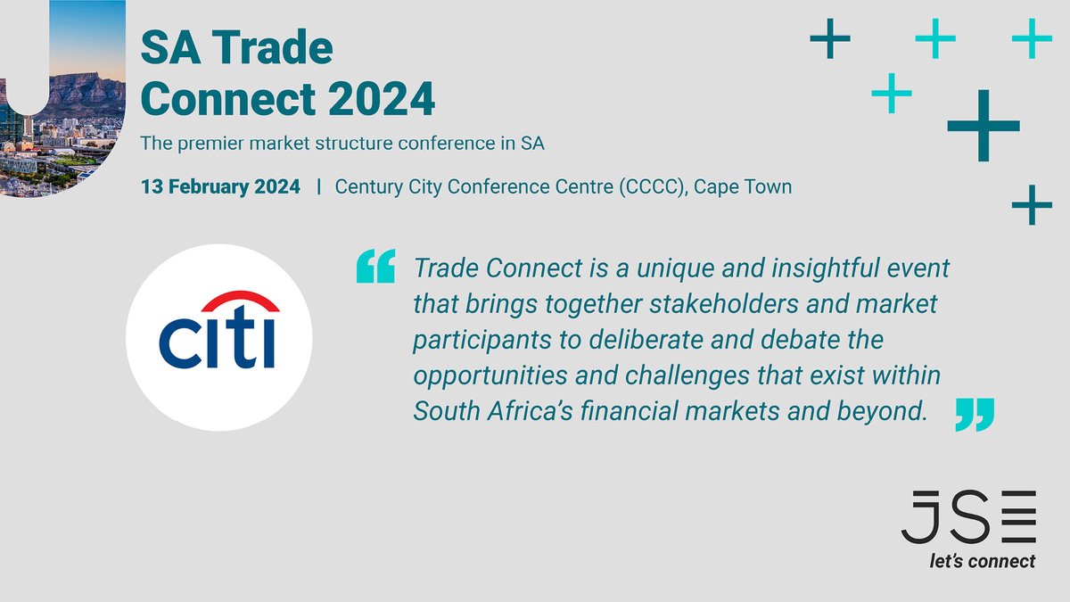 JSE_Group's tweet photo. We look forward to @Citi's invaluable insights at #SATradeConnect2024, South Africa’s premier equity market structure conference on 13 February 2024.
#JSE #EquityMarketStructure #TradingEcosystems #SellSide #BuySide #SoftwareVendors #LiquidityProviders https://t.co/v1JtVsPJrc