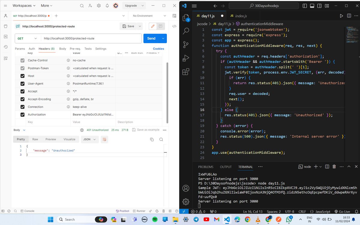rohit4verse's tweet image. "Just cracked the JWT authentication puzzle in my Node.js app! 🚀 Thanks to the insights from #30DaysOfNodeJS Day 11, I debugged my code, ensured correct headers, and verified the secret key. No more 'Unauthorized' headaches! 💻🔐 #NodeJS #JWTAuthentication" #scalerdiscord