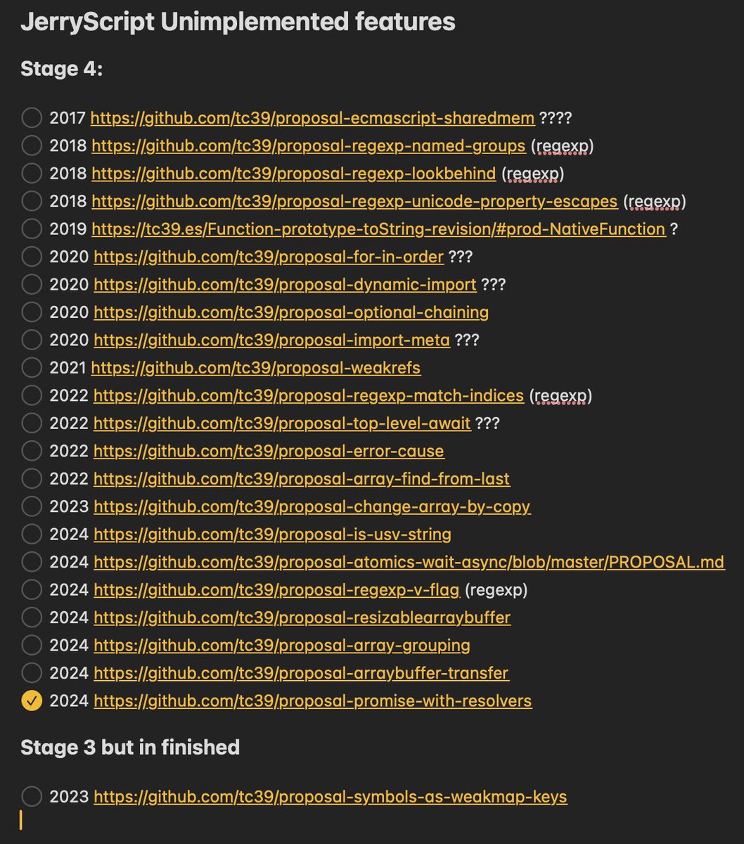 ClassicOldSong's tweet photo. Here is a list of things that JerryScript hasnโt or likely not implemented as I just tested.
I can say that JerryScript is already pretty modern, with most pre-2024 EcmaScript features implemented already.
Iโll hunt the list down one by one in #ResonanceJS . https://t.co/ZEfeXOuq3e