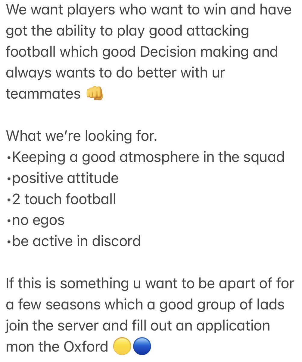 VFL OXFORD UNITED S59|

As S58 comes into the final few games we are looking around for next season,Dms are on open or jump into the server for a trial .👇🏻

discord.gg/S8XPYVFB