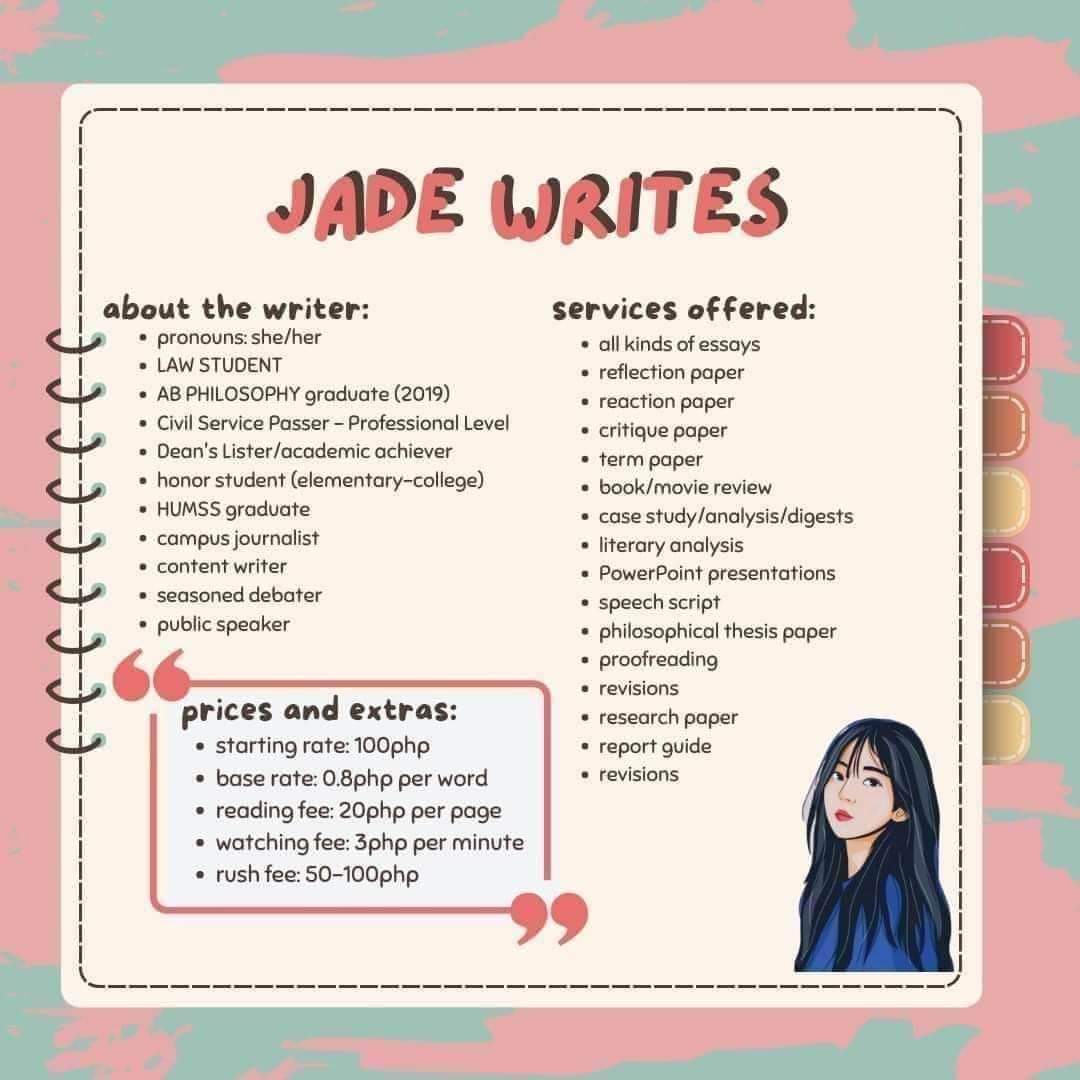 jadewrites123's tweet photo. @daveyysanti 🦄Hi, I'm Jade! A 🇹🇭 based writer. I'm here to provide expert assistance for all your academic requirements. 
 
🎀 feedback from clients: #BETTERwithJADE 
🎟️ everyday update: #UPDATESbyJADE 
📚 dm me for sample works https://t.co/jsbd8nr2uW