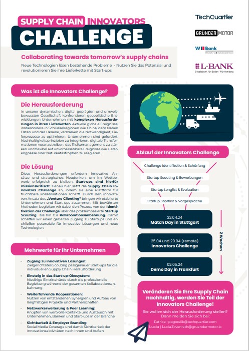 HassBirgit's tweet image. Ready für die Supply Chain Innovators Challenge?
Interessiert? Rückmeldung bitte bis zum 15.2.2024.
#supplychaininnovators #techquartier #lbank #wibank