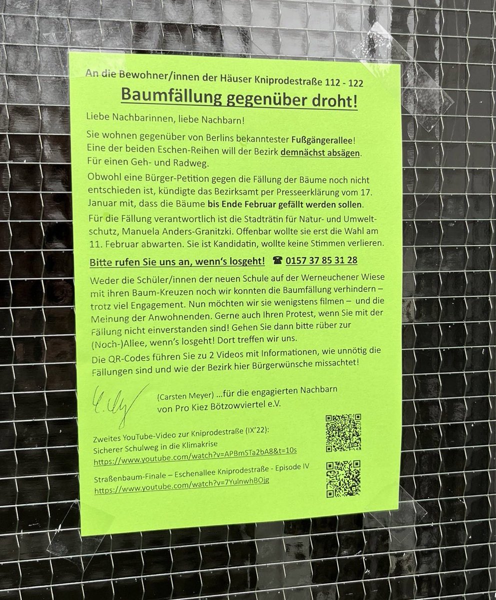 stierischgut's tweet photo. Wir teilen hier nochmal den Aufruf besorgter Nachbar:innen aus dem #Bötzowkiez 🌳🌳🌳#26eschen https://t.co/qGOIL9UntP