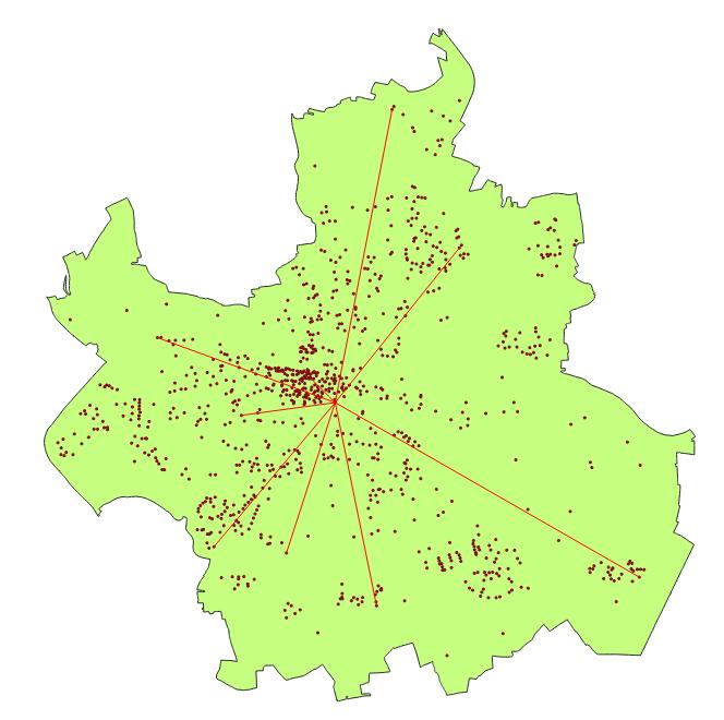 JWiegetritt's tweet photo. (13-1) Aus jedem Gebäude aller 26.342 Hausnummern (Ende 2019) der Stadt #Regensburg geht ein Bewohner zu dem Mittelpunkt (#kHnr), der die kürzeste durchschnittliche Distanz (2749,209 m) besitzt. #MPVDV #Pylone #Radtour #Fahrrad #QGIS. Berechnung wie (11-1) mit #Freebasic https://t.co/ZvTVBptbHa