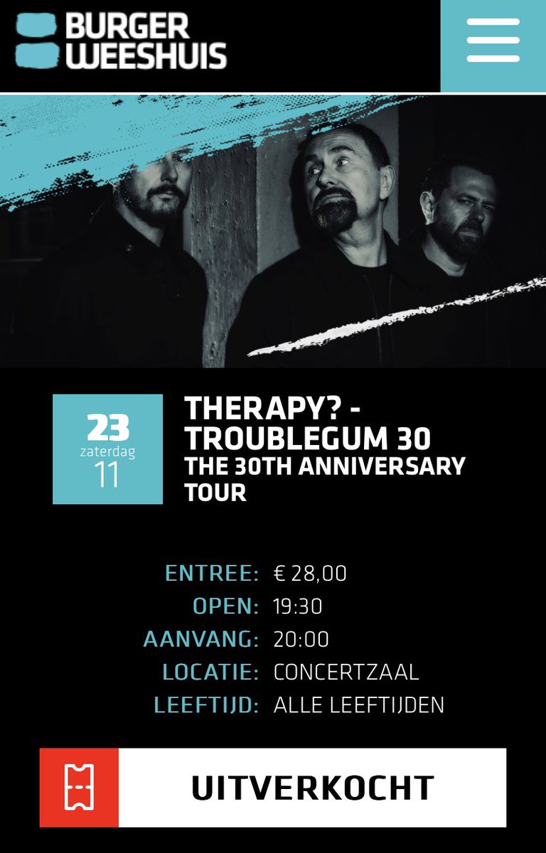 therapyofficial's tweet photo. Belgium! Unbelievably the November “Troublegum 30” @abconcerts show is already sold out! Deventer @burgerweeshuis NL also…others all going fast so if you fancy getting tickets for the tour, nows the time⤵️

https://t.co/aPqWJiHgv9 https://t.co/CZDdT3g5ZZ