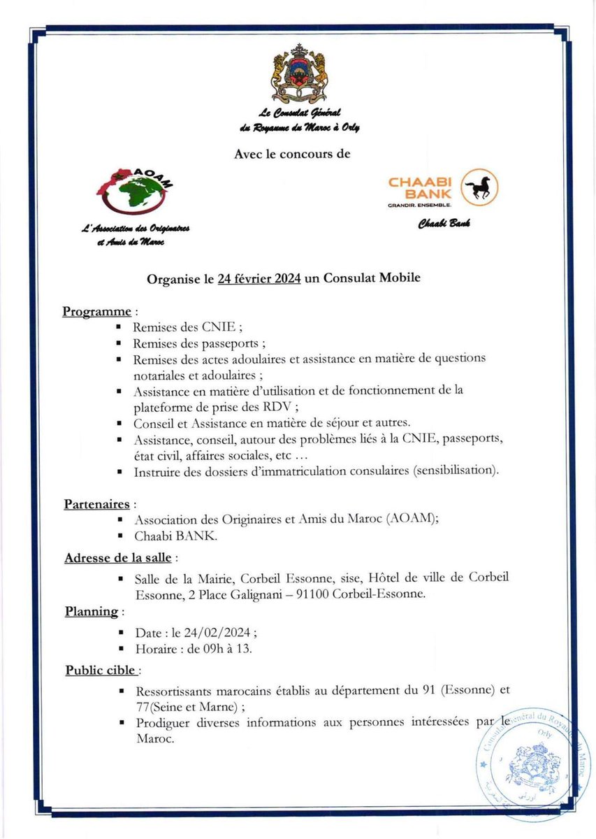 ConsulatOrly's tweet photo. Avis d'organisation d'un Consulat mobile, le 24 février 2024 à Corbeille Essones (91) https://t.co/sVPt0Dc3gz