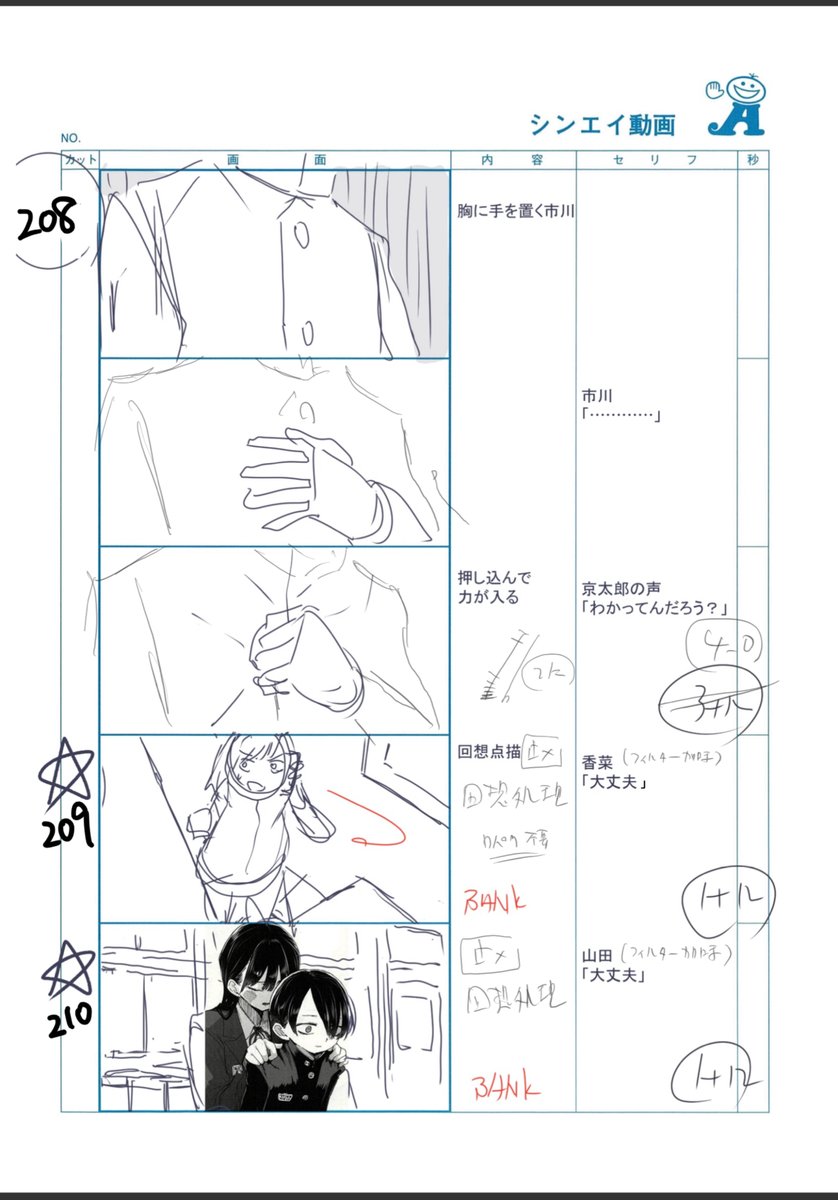 #僕ヤバ 2期6話のコンテ抜粋④
イマジナリー京太郎の熱いシーン
回想シーンに撮影処理がモリモリ足されていて興奮しました
c212の構図が好きです。
自分は制作上のメリットがあまりにも大きいので原作のコマをコンテに貼りがちです。一番伝わります。
(明日に続く) 