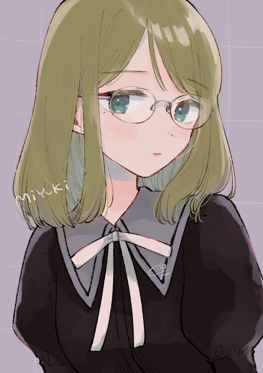 1girl solo glasses upper body puffy sleeves ribbon green eyes  illustration images