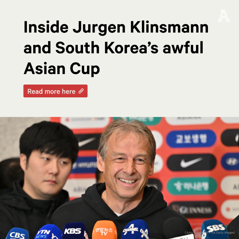 TheAthleticFC's tweet photo. ■ Lack of clear tactics
■ Prioritising players in Europe
■ Far too many smiles

@TimSpiers explains the reasons behind South Korea's awful Asian Cup campaign and why a surprisingly cheery Jurgen Klinsmann is under severe pressure.