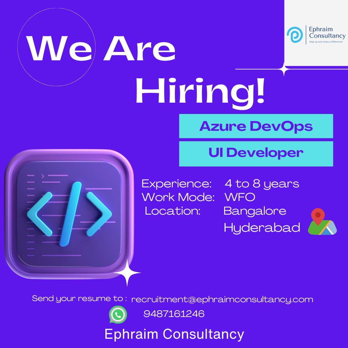 EphraimConsulta's tweet image. We are looking for a UI Developer and AZURE DevOps Engineer with 4 to 8 years of experience
Location: Bangalore and Hyderabad
Mode of Work: Work from Office
Preferable Notice Period: Immediate Joiners or One Month #azuredevopsengineer #DevOpsEngineer #UI
