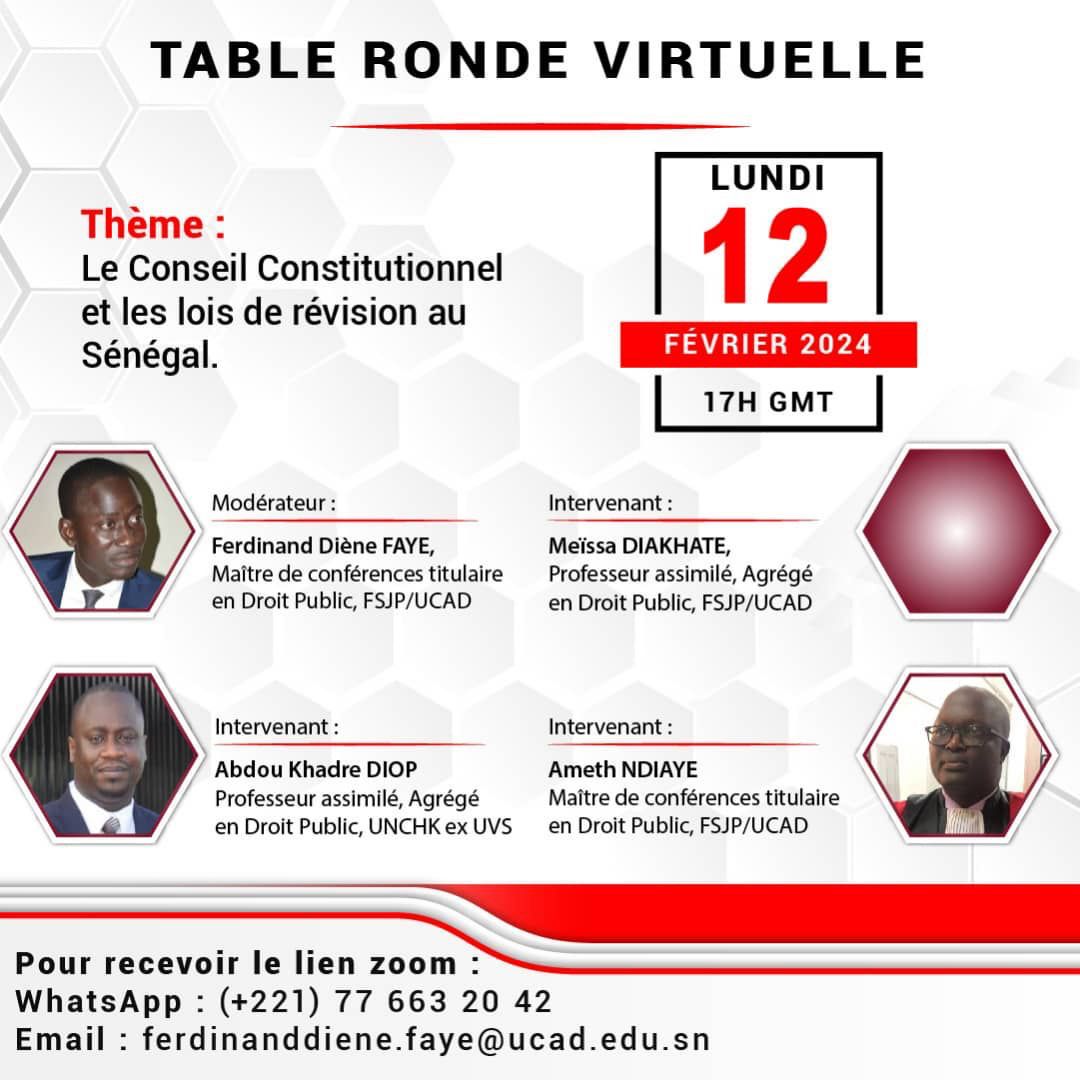 Nous tiendrons une table ronde virtuelle demain sur le thème 'Le Conseil constitutionnel et les lois de révision' pour échanger sur la suite de la crise que traverse le Sénégal sous l'angle du droit constitutionnel. 

#FrerSenegal #SunuElection2024