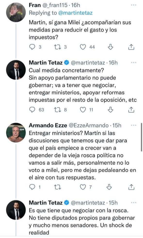 Que bueno que se caigan las caretas, después de pedirle a cielo abierto a través de sus tweets cargos y kioscos a Milei a cambio de votos en el Congreso, el Diputado Radical Martin Tetaz  primero bloqueó a todo el q lo dejaba en evidencias, luego su cuenta dejo de existir.