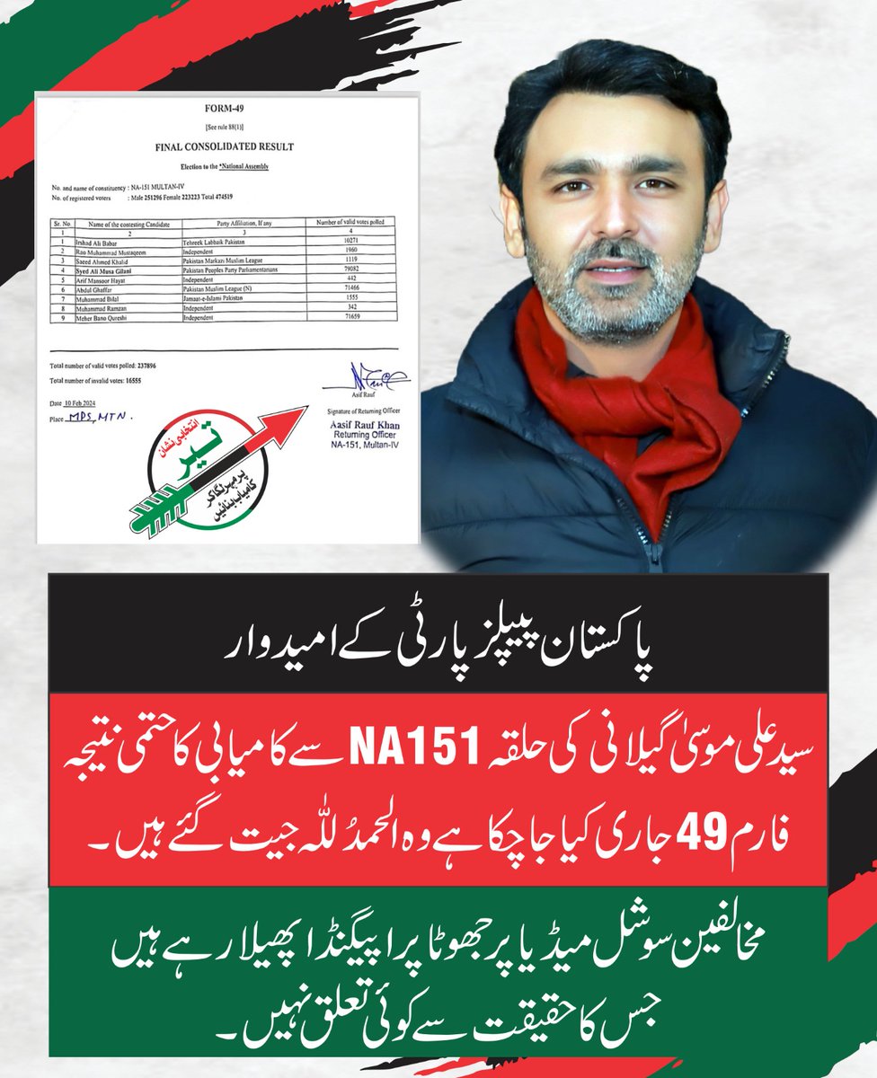 gillanihouse_MC's tweet photo. ملتان: پاکستان پیپلز پارٹی کے امیدوار سید علی موسیٰ گیلانی کی جیت کا حتمی و سرکاری اعلان
ملتان: ہم الحمدُللّٰہ جیت گئے ہیں، مخالفین سوشل میڈیا پر جھوٹا پراپیگنڈا پھیلا رہے ہیں، ترجمان گیلانی ہاؤس 
سوشل میڈیا افواہوں کا حقیقت سے کوئی تعلق نہیں، ترجمان گیلانی ہاؤس 
@SyedMusaGillani https://t.co/1yU5M7W9iL