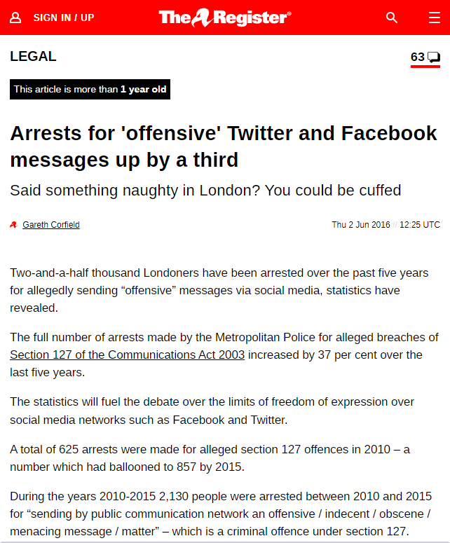 ccPinachet's tweet photo. #TheRegister, 2016:
2.500 londinesi sono stati arrestati negli ultimi cinque anni per post sui social media definiti “offensivi”. https://t.co/lp2RFSL6iv
