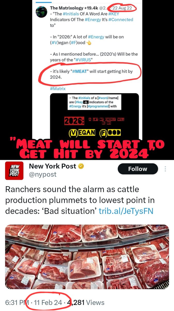 TheMatrixology's tweet photo. 2022:
"#Meat" Will Start To Get Hit By 2024" - @22_Savage22
__

2024:
"Ranchers sound the alarm as #cattle production #plummets to #lowest point in #decades: ‘Bad situation’

Coincidence?

https://t.co/OVDPRibSIB

#TheMatrixology https://t.co/Wksdh8f9R5