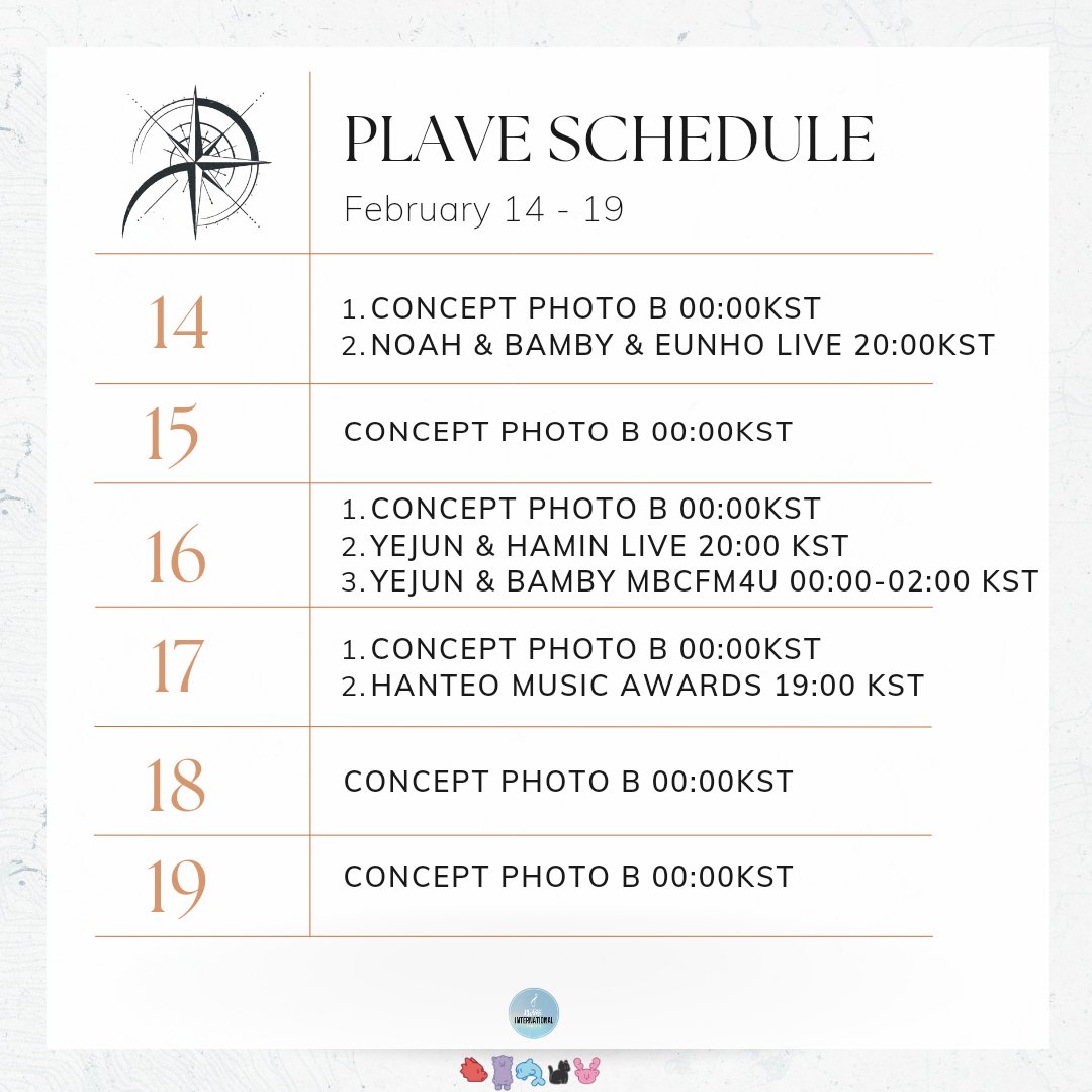 [🗓] PLAVE Schedule
✨️February 14 - 19

Get ready PLLIs, it's an exciting and busy days ahead of us! 😍