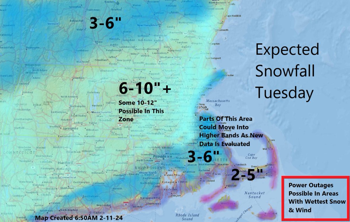 growingwisdom's tweet photo. In general most of the area will see 4-10 inches of snow Tuesday.  Some higher totals approaching a foot possible and less on Cape/Islands. Will refine map this afternoon after today's data. #WeatherWisdom https://t.co/Zurpt9TNtV