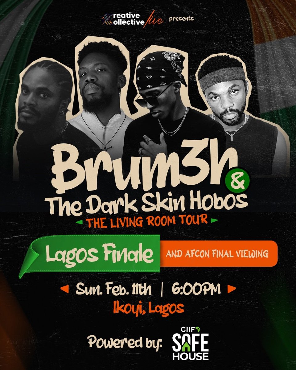 CIIFASafehouse's tweet photo. The Lagos Finale Show of @brum3h and The Dark Skin Hobos will be happening at the CIIFA Safe house today!

+ AFCON Match Finals Viewing!

Powered by CIIFA Safehouse (@ciifasafehouse)

#CIIFA #CIIFASafehouse https://t.co/DnViDTfTnL
