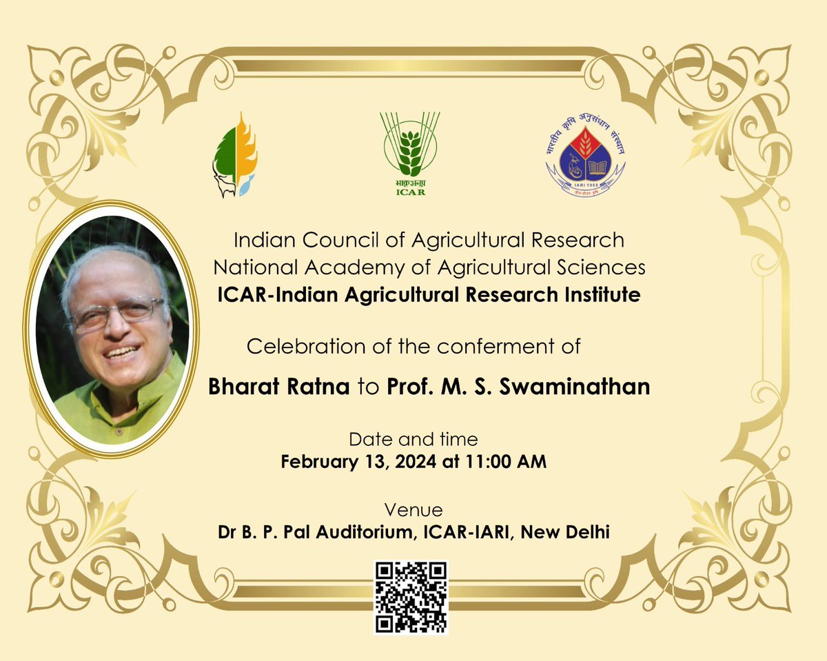Celebrating the conferment of Bharat Ratna up on Prof Mankombu Sambasivan Swaminathan, the Father of Green Revolution in India &amp; winner of the first World Food Prize. His contributions to the Indian &amp; Global Agriculture will be remembered by the humanity forever