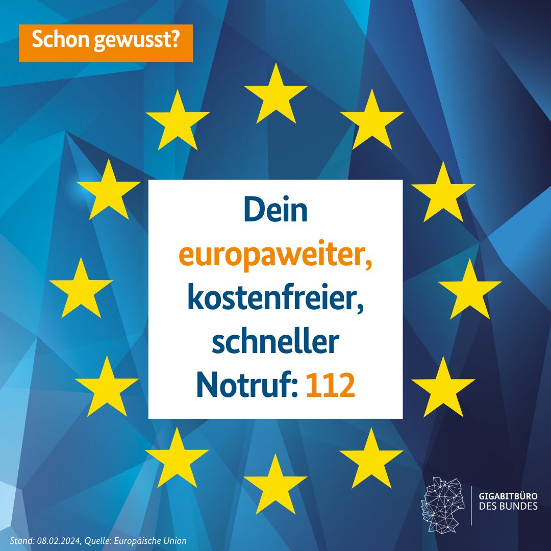 Gilt die 112 eigentlich nur in 🇩🇪 als Notrufnummer? 🤔Nein! Auch in den 27 Mitgliedstaaten der 🇪🇺 sowie beispielsweise in der Schweiz oder Norwegen läuft der #Notruf über die 112. 💡 Eine Nummer mit großer Reichweite – nicht nur am heutigen #TagDesNotrufs! #Gigabitbüro