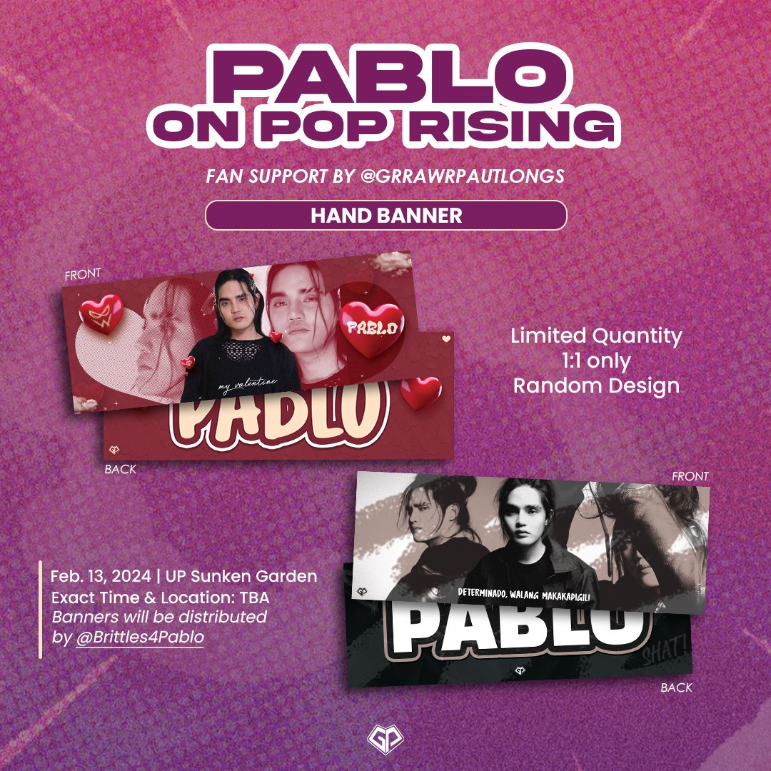 grrawrpautlongs's tweet photo. [PABLO FAN SUPPORT BY GP]

Rawr! As a support for PABLO, we are giving away hand banner freebies at #UPFair2024 #POPRising 🤩

💜 Exact date &amp; time will be posted on D-DAY
💜 Limited quantity 
💜 1:1 only 
💜 Banners will be distributed by @Brittles4Pablo 

@imszmc #PABLO https://t.co/WWJ90gd83b
