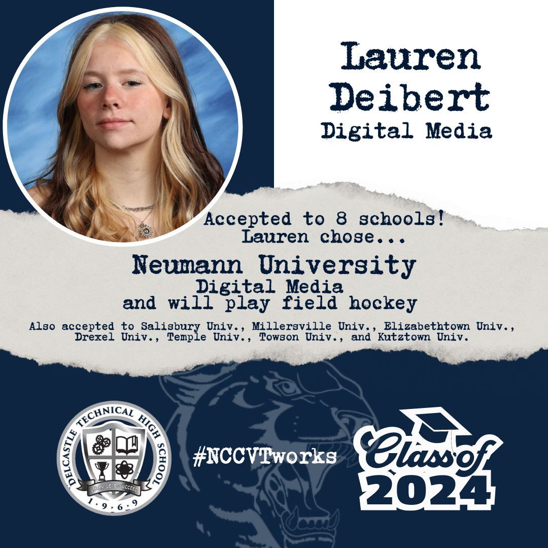 🎓 Digital Media's Lauren Deibert has found the perfect school for her: Neumann University. She will continue her Digital Media studies and also continue to play field hockey. But did you know: Lauren was also accepted to 8 other schools! #NCCVTworks
