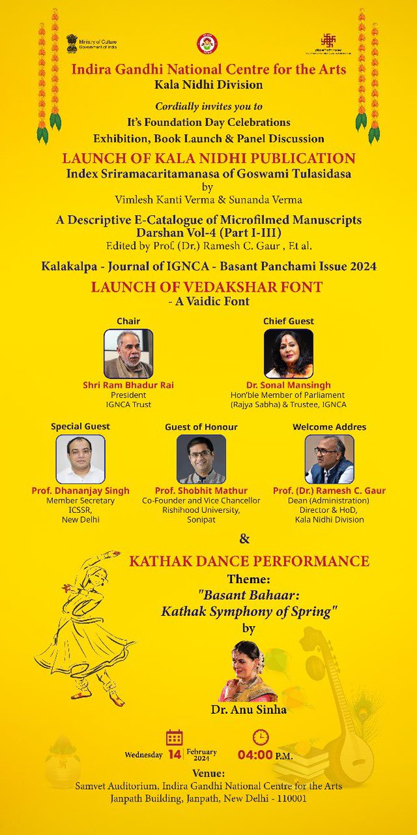 Join us as we celebrate the foundation day of the Kalanidhi Division at @ignca_delhi , @MinOfCultureGoI  🎉 Mark your calendars for February 14th, 2024, at 4 pm, at Samvet Auditorium.See you there! #IGNCA #BasantUtsav #CultureCelebration
@sonal_mansingh @Sachchida_Joshi @msignca