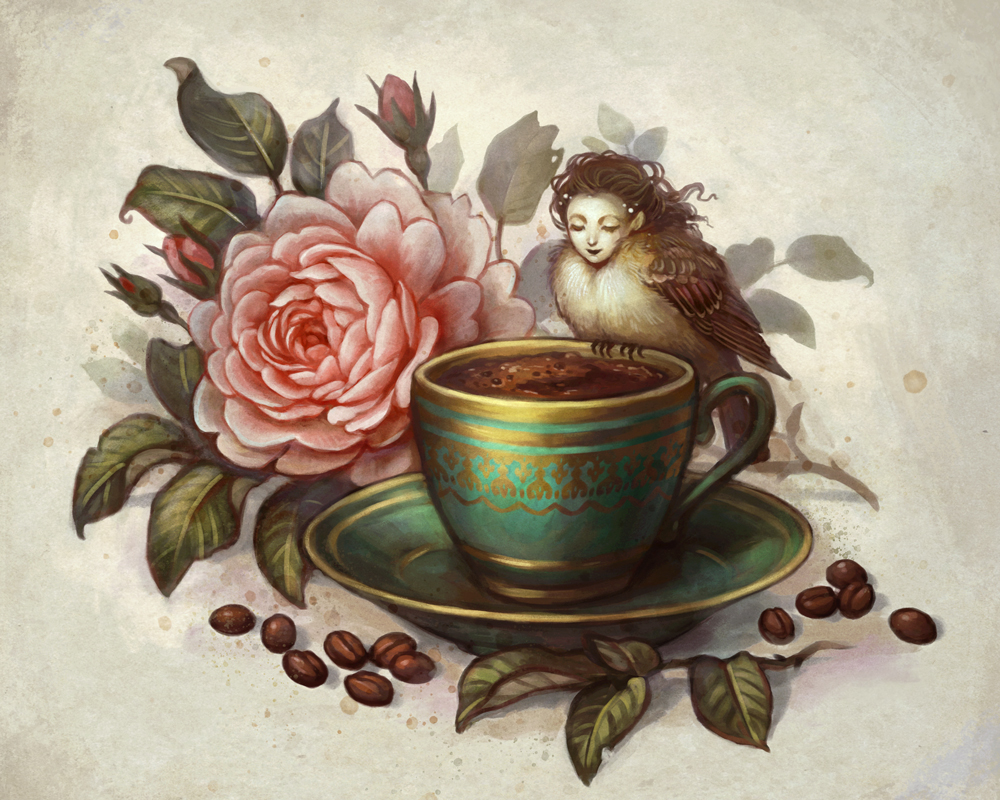 bird flower cup leaf closed eyes teacup rose  illustration images