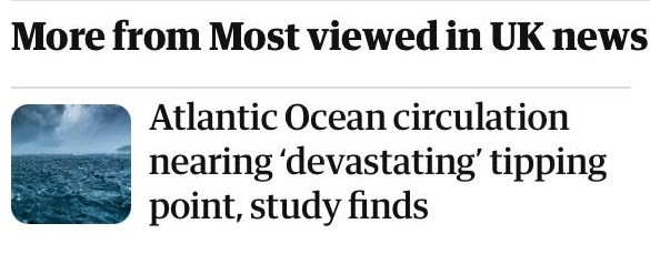 Please share this information because it is not being made clear... 1. The collapse of the Atlantic Ocean circulation (AMOC) will be the most devastating event in the last 10,000 years of human history. 2. It will happen overnight with sudden effects. 3. It will be irreversible…