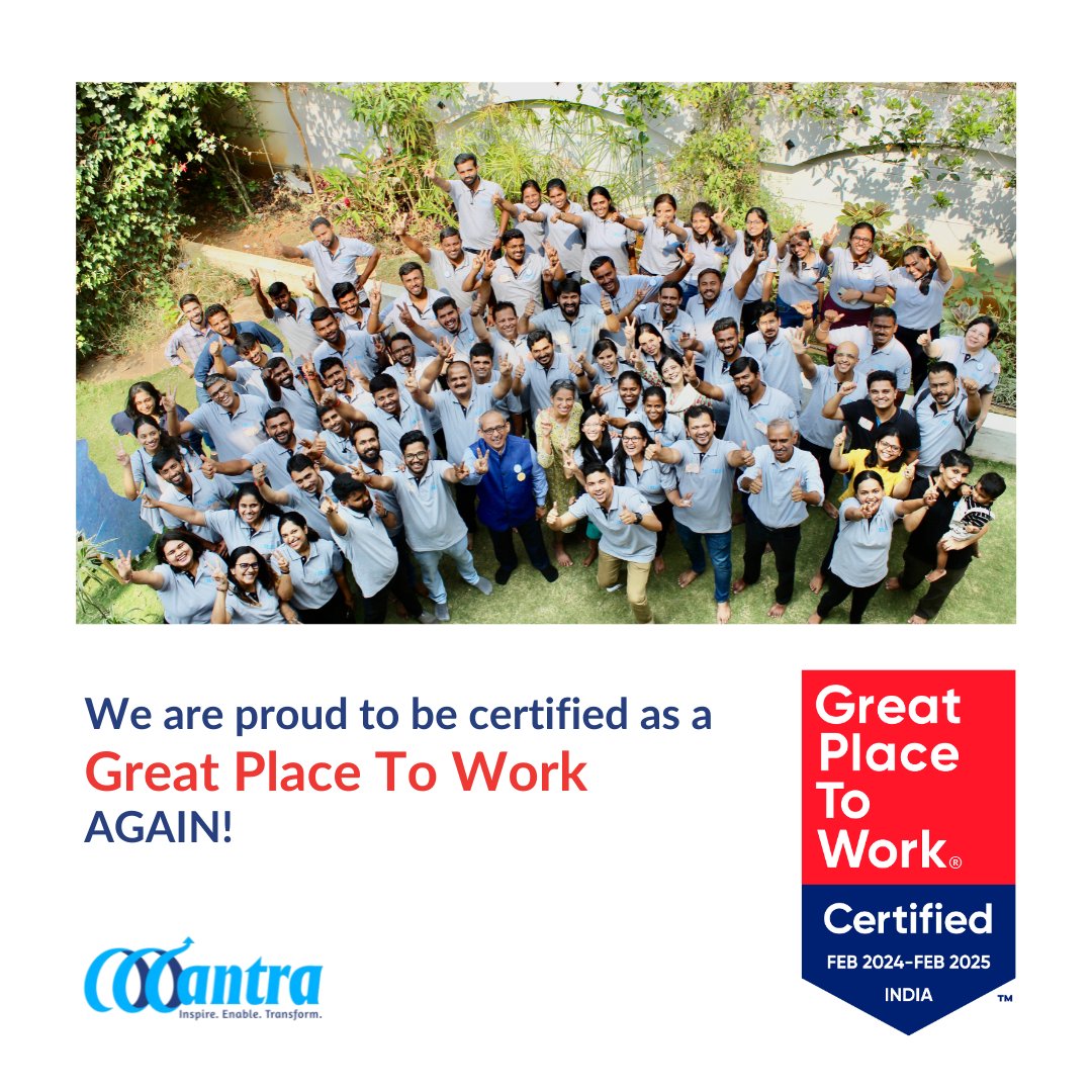 At Mantra, we have developed a culture driven by our people, our passion and the power of inclusion and collaboration - making us Great Place To Work Certified once again! Thanks for being along for this ride! #GreatPlaceToWork #Mantra4Change #workculture #inclusiveworkplace