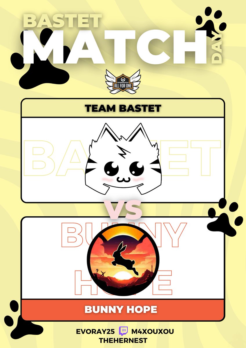 TeamBastet's tweet photo. Pour notre dernier match du Stage 1, nous affronterons la Bunny Hope, dernière équipe invaincue de la poule 🐰
Nous pouvons terminer premiers, rien n'est impossible 🥇

⌚️21h00
🎬https://t.co/UqMiCIxZe8
🎬https://t.co/lQZ903SN7b
🎬https://t.co/JYVdKb78kL
#ClawsToVictory 🐾 https://t.co/P0WrpRt9Do