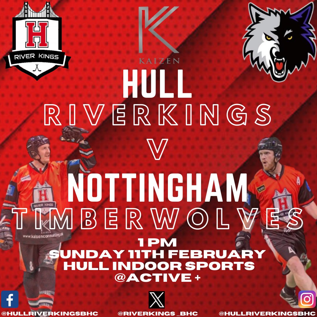 GAME DAY ! 
Another home game 🙌 
As we welcome to Hull Nottingham Wolves Ball Hockey Club Timberwolves for our 2nd meeting of the season. 
⏰ ️Faceoff 1pm 
📍 Active+ 
#RIVERKINGS 
🔴⚫️⚪️🔴⚫️⚪️