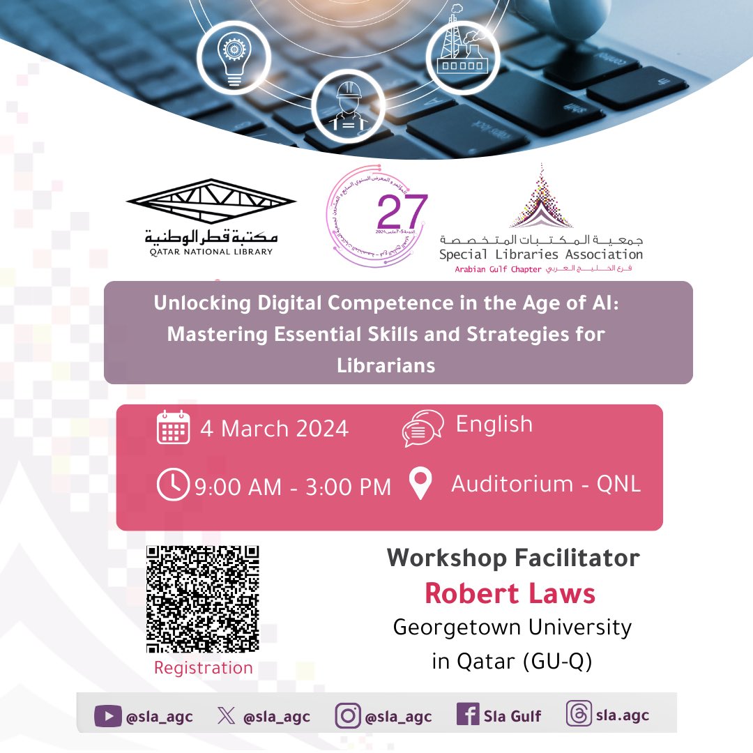 تدعوكم #جمعية_المكتبات_المتخصصة #فرع_الخليج_العربي للتسجيل في الورشة المصاحبة لـ #المؤتمر_والمعرض_السنوي_السابع_والعشرون "تعزيز الكفاءة الرقمية في عصر الذكاء الاصطناعي: إتقان المهارات والاستراتيجيات الأساسية لأخصائيي المكتبات"
عبر الرابط التالي:
forms.gle/LT9CzmVGXcB7Tw…