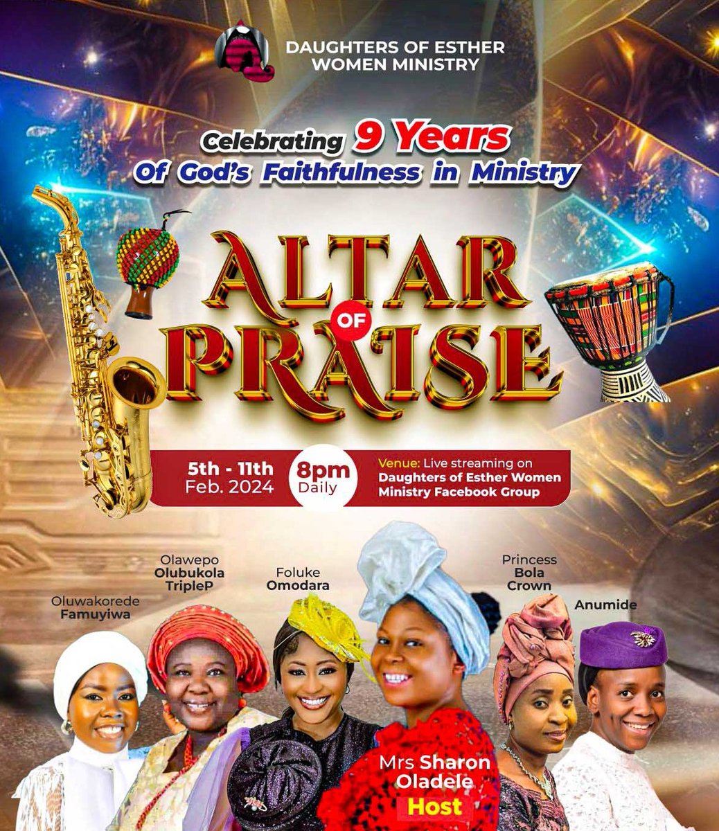 Glory be to God

The Daughters of Esther Women Ministry is 9
Join us today Sun 11th Feb by 8pm on the Daughter of Esther Women Ministry) Facebook Group

You can't afford to miss this

#9thaniiversary  #9 #daughtersofesther #doe #doe@9 #thanksgiving #altarofpraise #appreciation