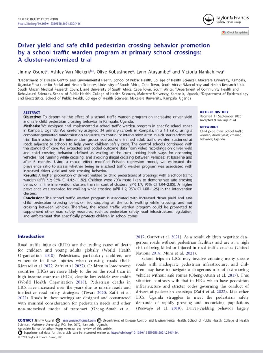 🚨Publication Alert🚨 How effective is the school traffic warden program at primary school crossings in increasing driver yield & safe child pedestrian crossing behaviour promotion? Read more in a paper by @jimmy_osuret @okobusingye et al 🔗 tandfonline.com/eprint/58QNI8X… #RoadSafety