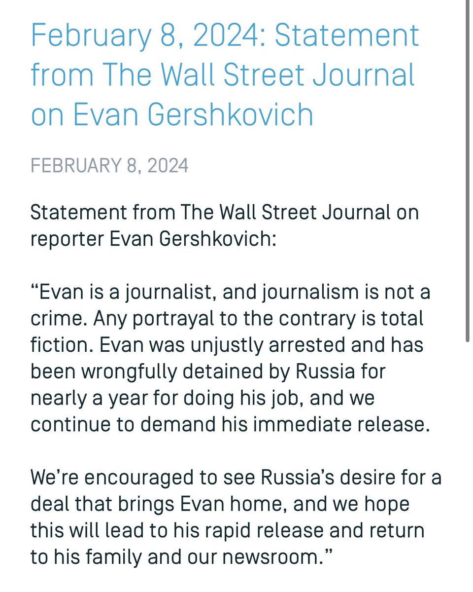 It’s Sunday February 11, 2024. WSJ reporter Evan Gershkovich was detained by the FSB Mar 29, 2023. 319 DAYS AGO. For the “crime” of practicing true journalism in Russia. The WSJ pushed back on Putin’s lies about the case👇 FREE EVAN TODAY! #IStandWithEvan