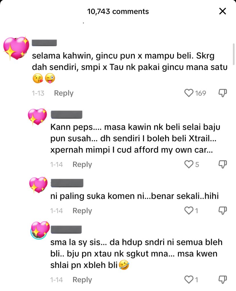 Kesian & sedihnya these comments I read on a Tiktok video from wives yang pernah kena took advantage financially dengan husband ☹️ Like I’m happy that they are finally financially free to do/to buy whatever they want but I’m sad that it took a divorce for them to buy things ☹️💔