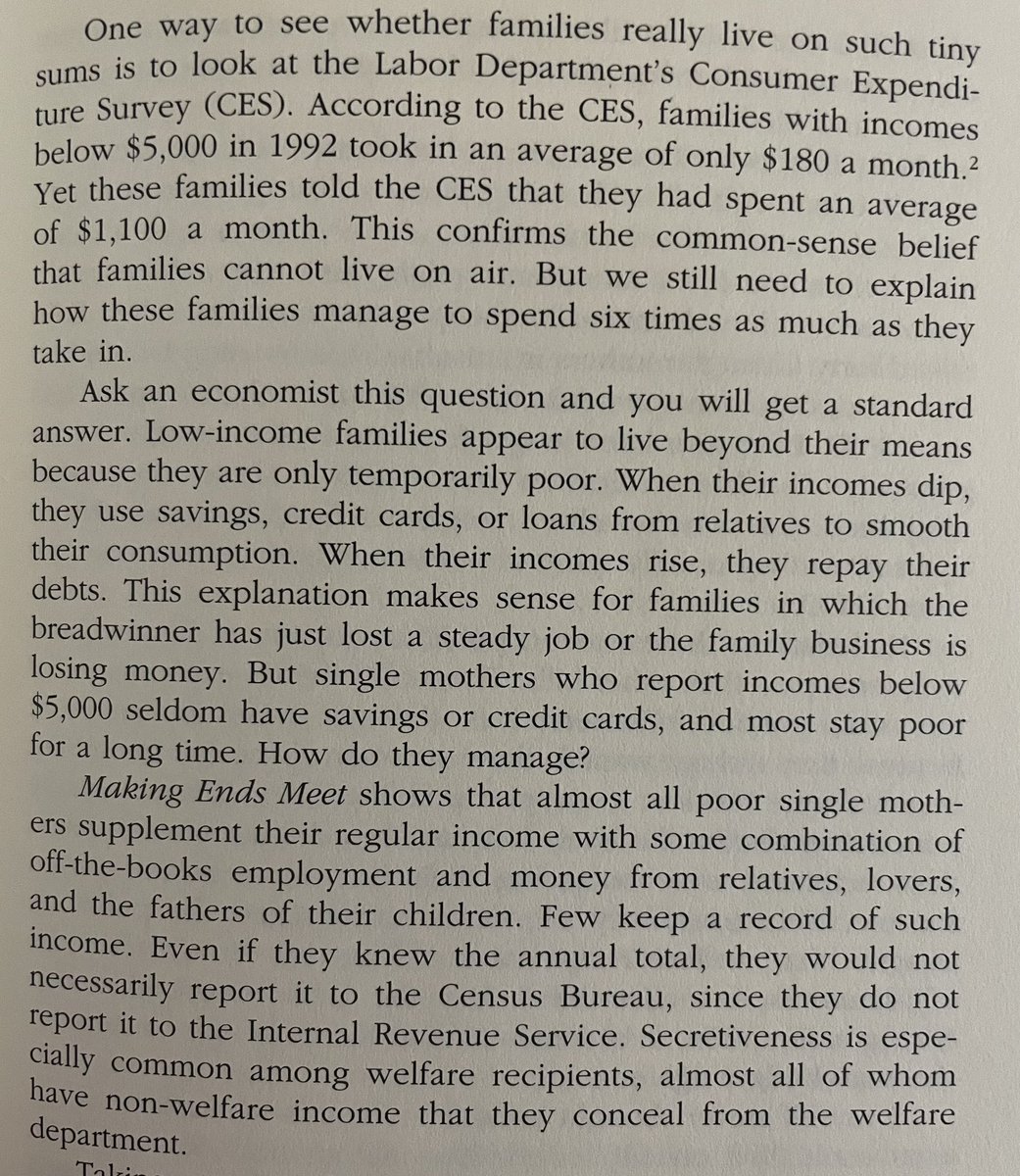 Classic example of how the best research in sociology begins with seeking to solve an empirical puzzle. In this case, looking at gap in reported income relative to spending for low-income families. russellsage.org/publications/m…
