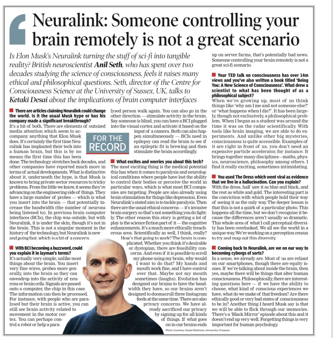 I interviewed @anilkseth about the implications of Neuralink and other brain computer interfaces