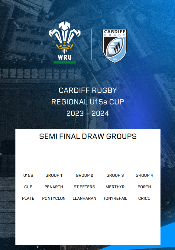 Cardiff Rugby Defender Cup U12s to U14s &amp; Cardiff Rugby Regional U15s Cup 

Semi Final Draw Groups 2023/24     

The semi final draw will be posted on here, the evening of the 14th of February 2024.

#CardiffRugbyDefenderCup #CRDC     

Any queries please email
