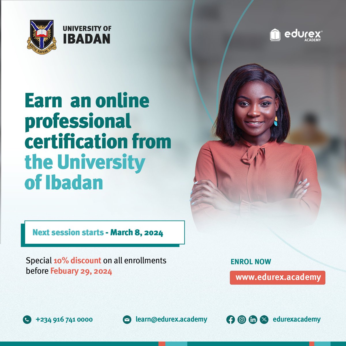 Edurex_Academy's tweet photo. Earn professional certifications from the University of Ibadan! Choose from over 500 courses and enjoy a 10% discount on all our courses when you enroll today.
Visit https://t.co/qrW4gxHGcr to register
#EdurexAcademy #LearningThatTransforms
#OnlineLearning #UniversityofIbadan https://t.co/3vkiXD1Dze