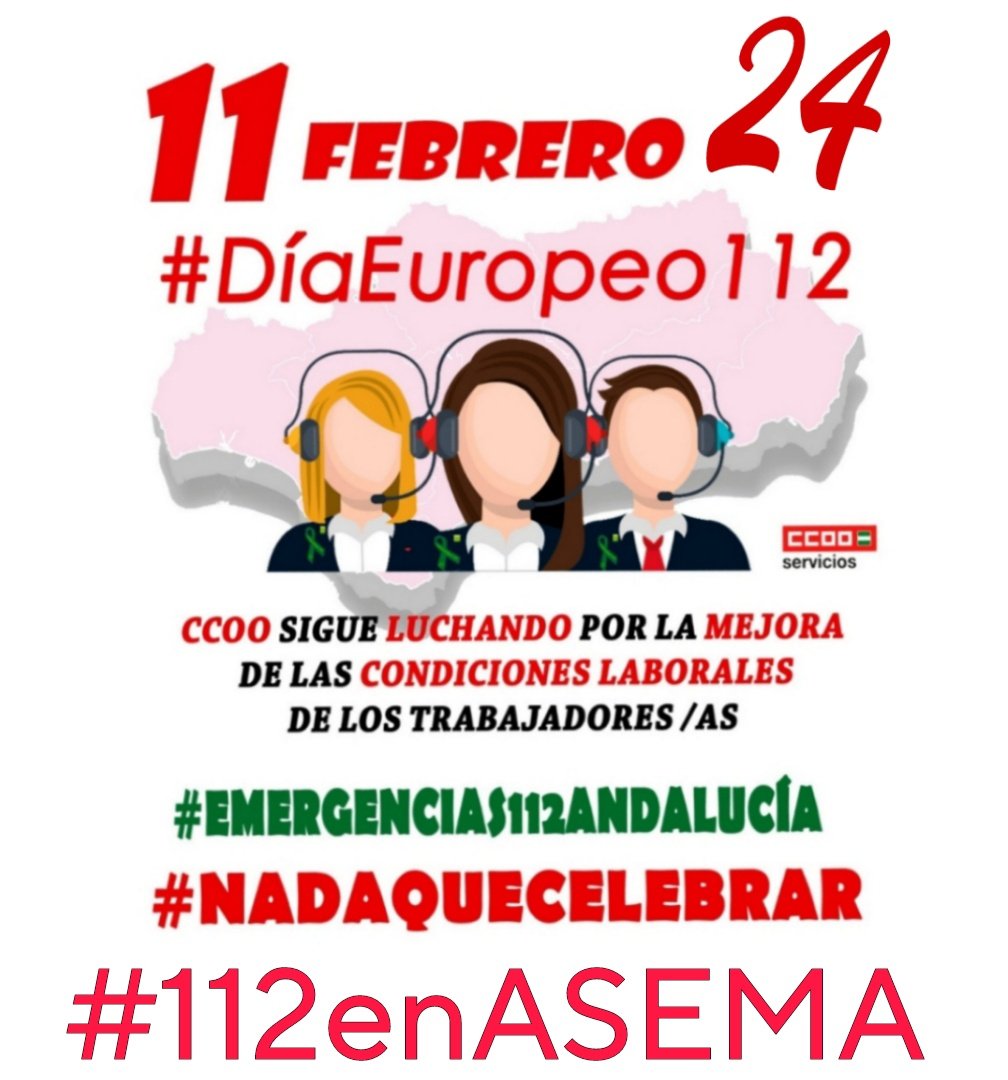 Desde <a href="/112ANDALUCIARLT/">EMERGENCIAS 1-1-2 ANDALUCÍA CCOO</a> continuamos la lucha para que TODAS las personas que trabajan en #Emergencias112Andalucía tengamos #CondicionesDignas112And y nos  integremos PLENAMENTE en ASEMA

#112enASEMA

#DíaEuropeoDel112
#DíaEuropeo112, #112day2024, #112day, #112live, #european112day