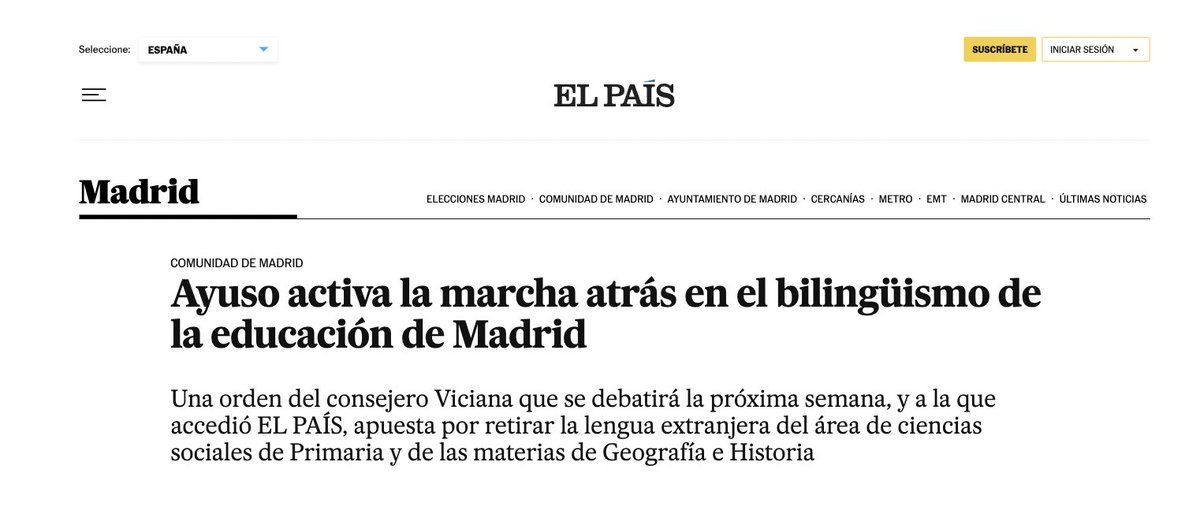 El bilingüismo en Madrid se implantó precipitadamente, sin consenso, ni respaldo científico, ni programa piloto en 2004. En 20 años, la Consejería no ha hecho ninguna evaluación, a pesar de los datos que apuntan hacia efectos negativos en aprendizajes, inclusión, segregación🧵👇