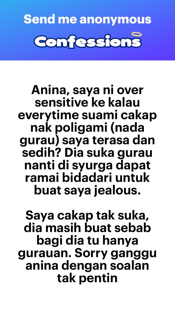 anina_faris's tweet photo. Apabila al-Quran menyentuh soal bidadari, al-Quran tidak menyebutkan tentang isteri. Sama juga apabila al-Quran menyentuh soal isteri, ia tidak menyebutkan tentang bidadari.

Secara tak langsung al-Quran mengajar kita untuk menjaga dan menyantuni perasaan seorang wanita.

Para suami kena elakkan bercakap tentang poligami atau bidadari secara tak ilmiah di hadapan isteri. Hentikan gurauan tak bertempat yang disangka tidak menyakitkan ini.

Khuatir ia akan mengurangkan rasa hormat seorang isteri kepada kamu. Dan awak bukan over sensitive. Ini lumrah wanita. Tegurlah suami dengan cara baik, katakan Rasulullah ﷺ tidak pernah bergurau begini dengan isteri-isteri Baginda.

Moga Allah permudahkan urusan.