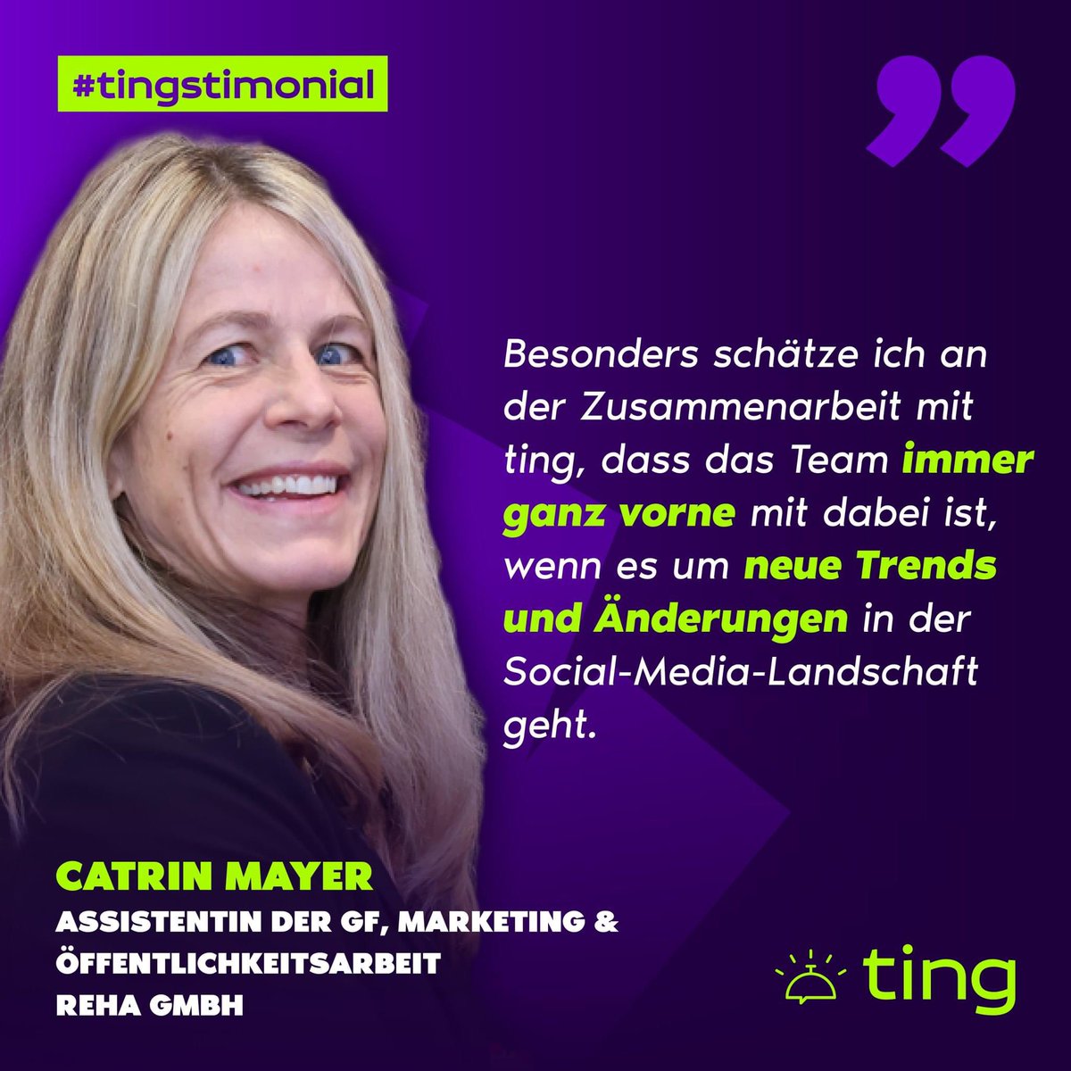 tingimnetz's tweet photo. #tingstimonial: reha gmbh
 
🎙 “ Besonders schätze ich an (…) ting, dass das Team immer ganz vorne mit dabei ist, wenn es um neue Trends und Änderungen in der Social-Media-Landschaft geht. Und: Es macht einfach Spaß! 😊“ sagt Catrin Mayer. 
 
💜 …uns macht’s auch viel Spaß! 😎 https://t.co/2RyIGj0j4L