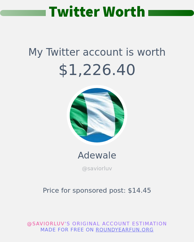 saviorluv's tweet photo. My Twitter worth is: $1,226.40

➡️ https://t.co/SRtwtQzaqn https://t.co/vhyQQKDV6W
