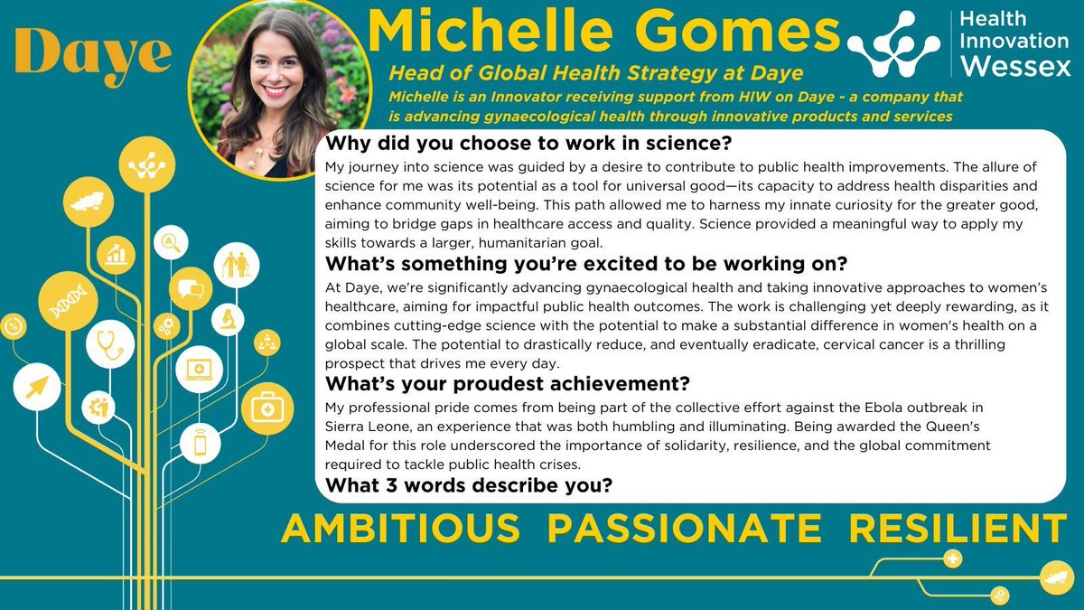 On #WomenInScienceDay, we are celebrating women working with Health Innovation Wessex. 

Michelle Gomes from <a href="/MeetDaye/">Daye</a> was awarded the Queen’s Medal for her work and shares her story.  

If you are passionate about healthcare innovation, get in touch: buff.ly/3SRGfMF